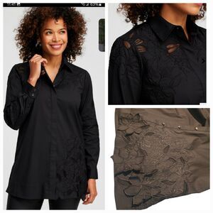 Poplin Lace Tunic Shirt Button Up Embroidered Black Sz 16 Sophisticated Classic